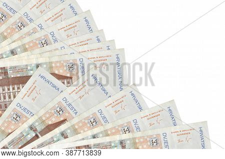 200 Croatian Kuna Bills Lies Isolated On White Background With Copy Space Stacked In Fan Close Up