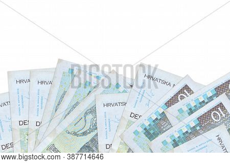 10 Croatian Kuna Bills Lies On Bottom Side Of Screen Isolated On White Background With Copy Space. B