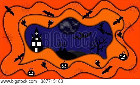 Paper Art Halloween Night Background With Haunted House, Flying Bat, Cemetery With Graves And Pumpki