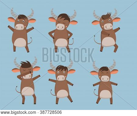 Cartoon Bulls With Different Emotions. 2021 Symbol. Large Set Of Isolated Emoticons On White Backgro
