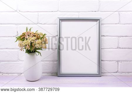 Silver Frame Mockup With Pink Yarrow Wildflowers In The Vase. Empty Frame Mock Up For Presentation A