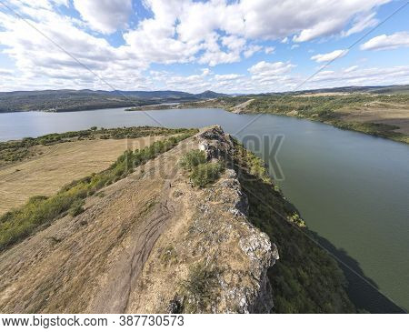 Aerial View Of Church Of Saint John The Baptist And Pchelina Reservoir, Pernik Region, Bulgaria