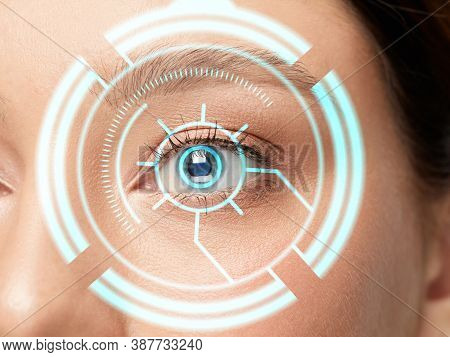 Close Up. Future Woman With Cyber Technology Eye Panel, Cyberspace Interface, Ophthalmology Concept.