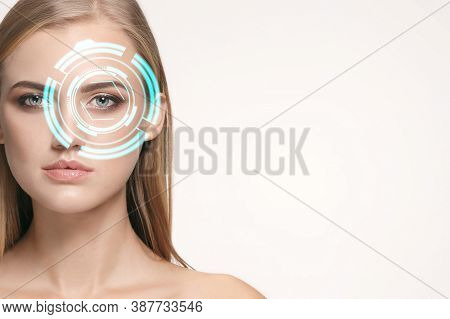 Future Woman With Cyber Technology Eye Panel, Cyberspace Interface, Ophthalmology Concept. Beautiful