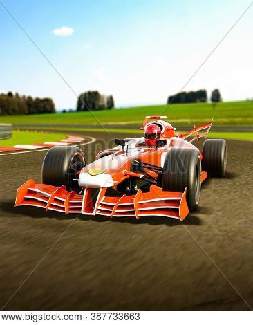 Red Open Wheeled Single-seater  Forceful Formula Race Car In A Curve,  3d Render