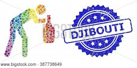 Bright Vibrant Vector Drunky Man Mosaic For Lgbt, And Djibouti Rubber Rosette Stamp Seal. Blue Stamp
