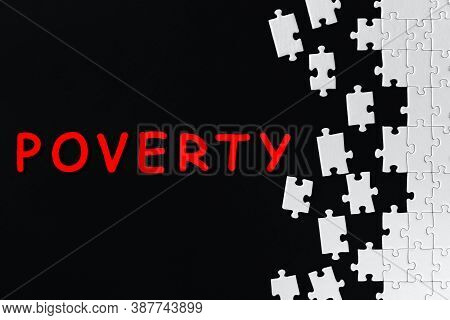 Red Inscription, Text, Word On Black Background. White Gray Puzzles Are Scattered On Right Side Of C