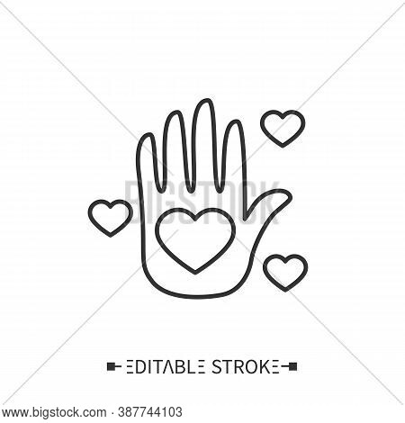 Participation In Charity Icon. Hand With Hearts. Outline Drawing. Donate To Foundation. Humanitarian