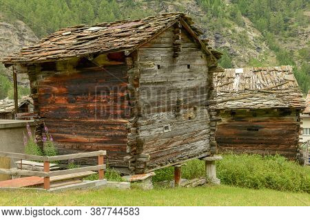 Traditional Chalets At The Village Of Tasch Near Zermatt On The Swiss Alps