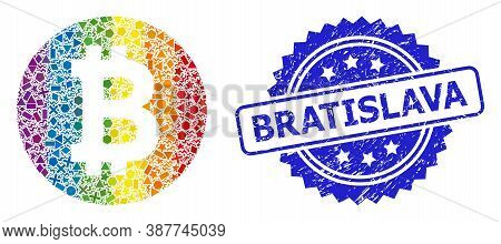 Rainbow Vibrant Vector Bitcoin Coin Mosaic For Lgbt, And Bratislava Unclean Rosette Stamp. Blue Stam