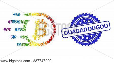 Spectrum Colorful Vector Bitcoin Mosaic For Lgbt, And Ouagadougou Grunge Rosette Stamp Seal. Blue St
