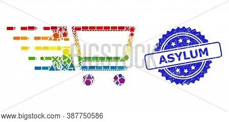 Rainbow Colored Vector Shopping Cart Collage For Lgbt, And Asylum Corroded Rosette Stamp. Blue Stamp