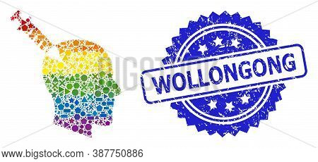 Bright Colored Vector Head Injection Collage For Lgbt, And Wollongong Scratched Rosette Stamp Seal. 