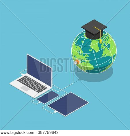 Flat 3d Isometric World With Graduation Cap Connected To Laptop Smartphone And Tablet. Global Online