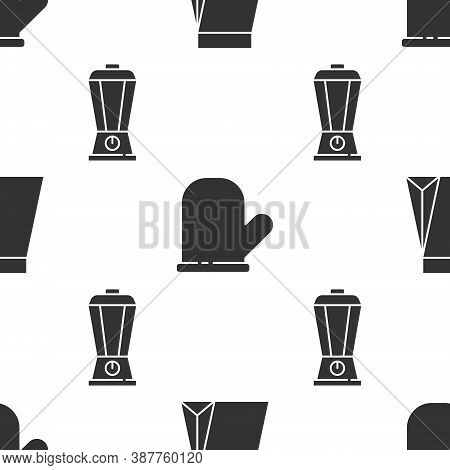 Set Bag Of Coffee Beans, Oven Glove And Blender On Seamless Pattern. Vector