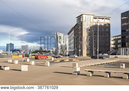 Reykjavik, Iceland- 27 August 2015: Modern Buildings In Capital City At Midborg Street. Facade Of Sk