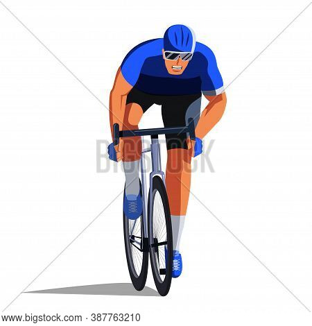 The Cyclist At The Finish Line Is Fighting For The Victory. Final Sprint Front View. The Athlete On 