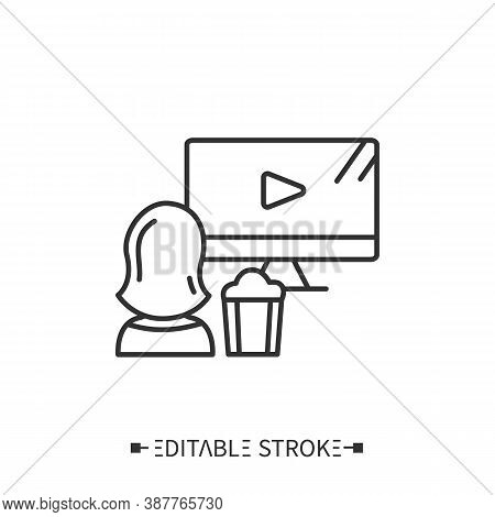 Educational Video Watching Line Icon. Self-education. Foreign Languages Learning Methods And Transla