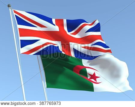 Two Waving State Flags Of United Kingdom And Algeria On The Blue Sky. High - Quality Business Backgr