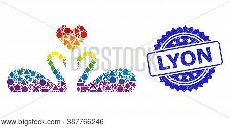 Bright Vibrant Vector Love Swans Collage For Lgbt, And Lyon Corroded Rosette Stamp Seal. Blue Stamp 
