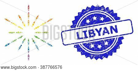 Rainbow Colorful Vector Sun Rays Collage For Lgbt, And Libyan Scratched Rosette Seal Print. Blue Sta