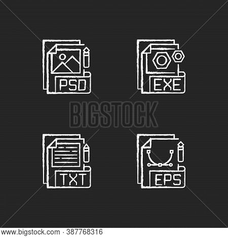 File Types Chalk White Icons Set On Black Background. Psd. Exe. Txt. Eps. Raster Image, Vector Image