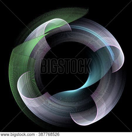 On A Black Background, Multi-colored Fan Blades Rotate. The Surfaces Are Wavy And Arched. Graphic De