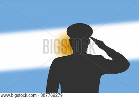 Solder Silhouette On Blur Background With Argentina Flag.