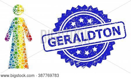 Spectrum Colorful Vector Happy Woman Mosaic For Lgbt, And Geraldton Dirty Rosette Stamp. Blue Stamp 
