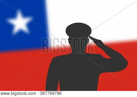 Solder Silhouette On Blur Background With Chile Flag.