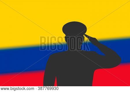 Solder Silhouette On Blur Background With Colombia Flag.