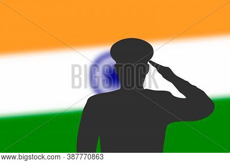 Solder Silhouette On Blur Background With India Flag.
