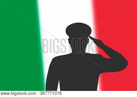 Solder Silhouette On Blur Background With Italy Flag.