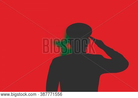 Solder Silhouette On Blur Background With Morocco Flag.