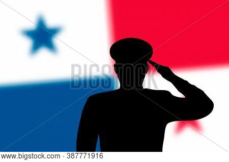 Solder Silhouette On Blur Background With Panama Flag.