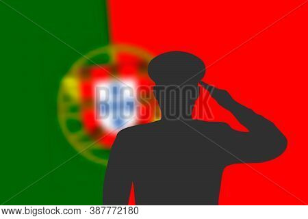 Solder Silhouette On Blur Background With Portugal Flag.