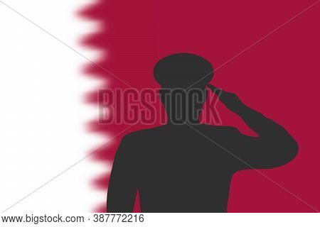 Solder Silhouette On Blur Background With Qatar Flag.