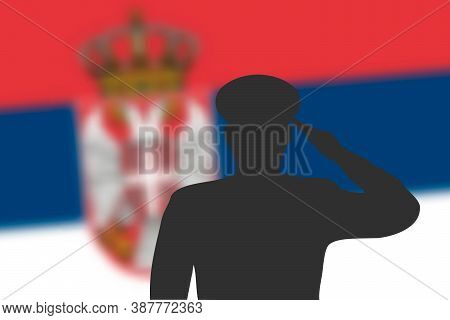 Solder Silhouette On Blur Background With Serbia Flag.