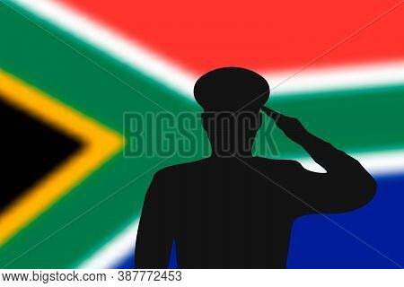 Solder Silhouette On Blur Background With South Africa Flag.