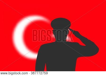 Solder Silhouette On Blur Background With Turkey Flag.