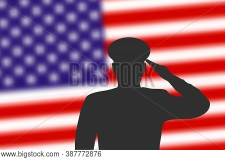 Solder Silhouette On Blur Background With United States Flag.
