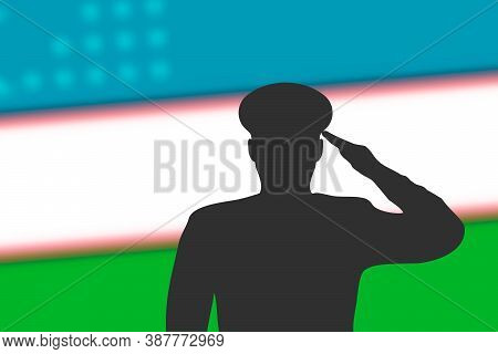 Solder Silhouette On Blur Background With Uzbekistan Flag.