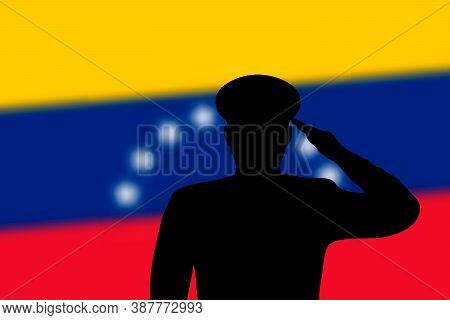 Solder Silhouette On Blur Background With Venezuela Flag.