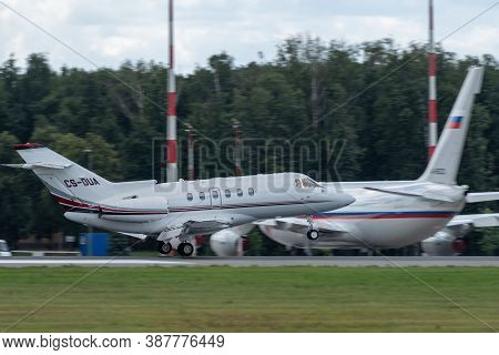 July 2, 2019, Moscow, Russia. Airplane Raytheon Hawker 750 Netjets Europe Airline At Vnukovo Airport