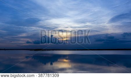 Beautiful Blue Sunset Or Sunrise Over The Horizon Of Lake