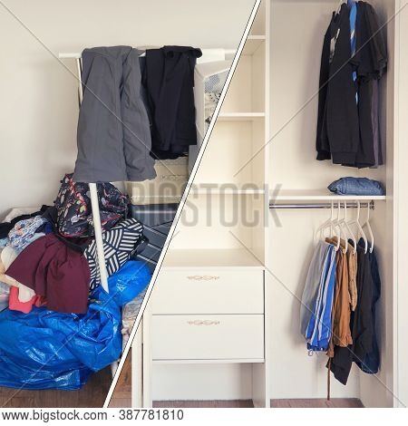 A Niche In The Wall With A Bunch Of Clothes Before Installing The Cabinet. Built-in Wardrobe With Th