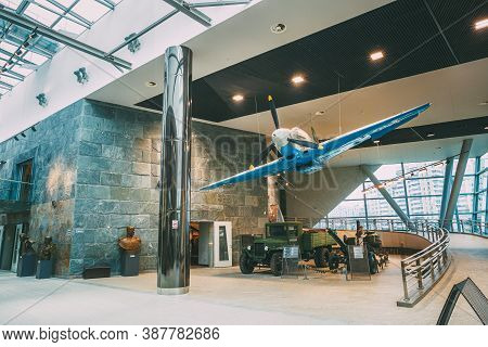 Minsk, Belarus - December 20, 2015: Soviet Russian Yakovlev Yak-9 Fighter Aircraft, Soviet Army Fiel