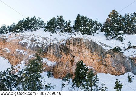 Rocks Covered With Snow, On Which The Forest Grows. Beldersay Ski Resort In Uzbekistan