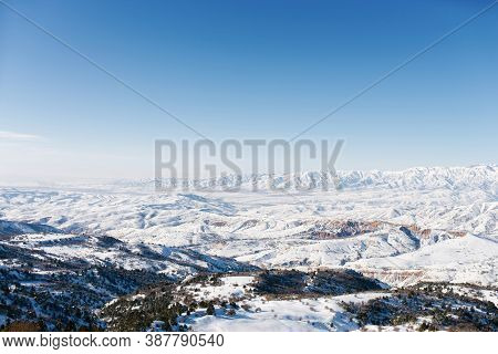 Beautiful Panorama Of The Tien Shan Mountains In Uzbekistan In The Beldersay Ski Resort On A Clear W
