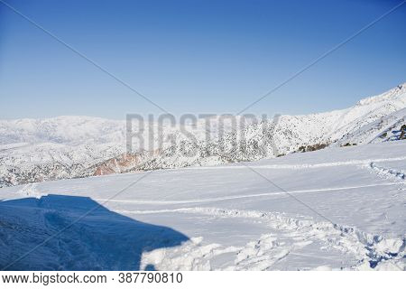 The Mountain Resort Of Beldersay, Uzbekistan. Panorama Of The Mountains From The Pass In Winter